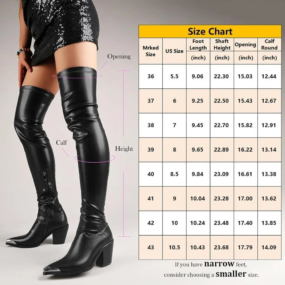 Women Black Synthetic Thigh High Slim Calf Block Chunky Heel Pointed Toe Boots